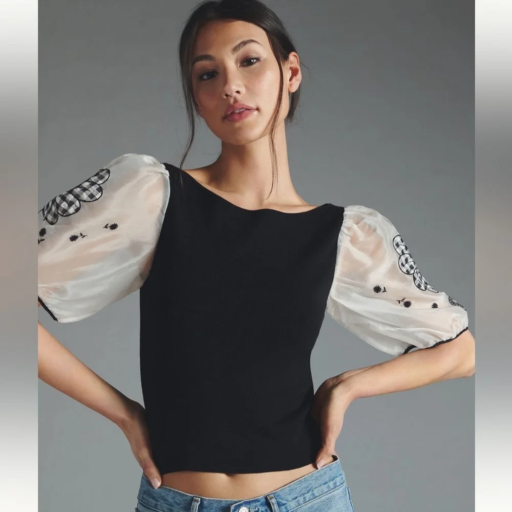 Anthropologie Maeve Silk Puff-Sleeve Sweater Top, M